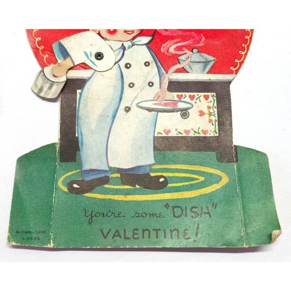 Vintage 1940s Valentine Greeting Card Chef Dish Mechanical 6.5" Diecut - Picture 4 of 4